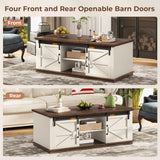 UPOSOJA Farmhouse Coffee Table for Living Room with Storage & 4 Sliding Barn Doors, Adjustable Shelves, Modern Rectangular Rustic Living Room, Meeting Room, Hall Coffee Tables (White Brown) UPOSOJA
