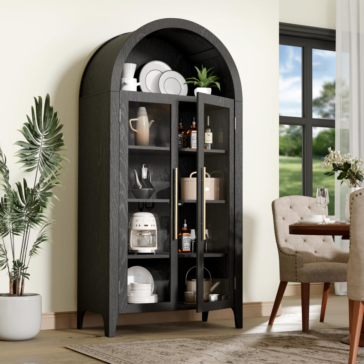 infurnic Arched Display Cabinet, 63'' Tall 5-Tier Arched Bookcase with Glass Doors & Adjustable Shelves for Living Room, Dining Room & Kitchen, Black infurnic