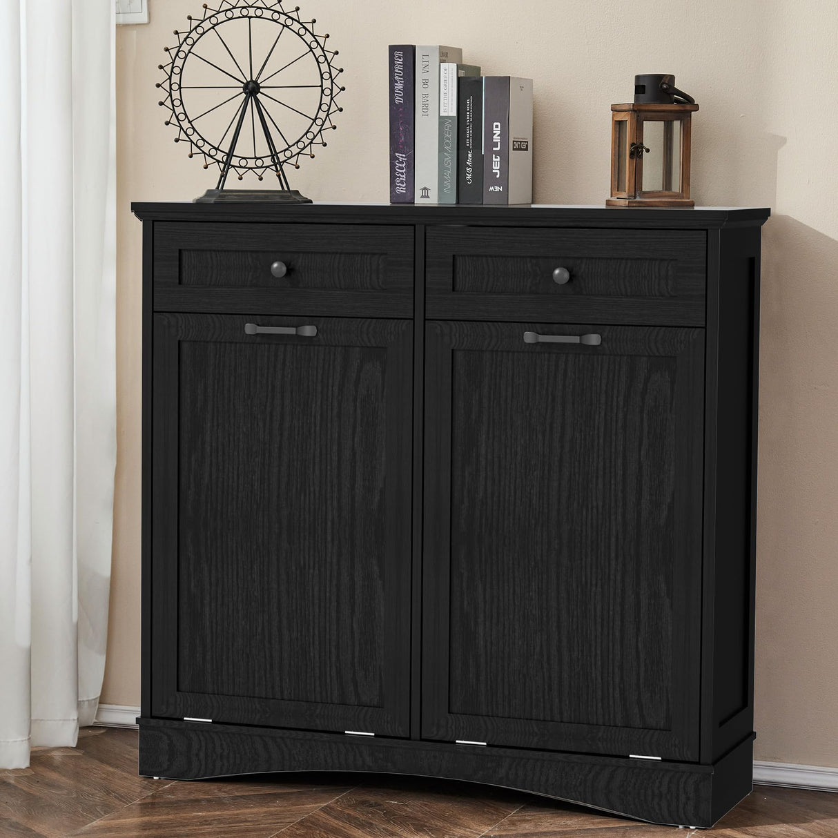 AHB Double Tilt Out Trash Cabinet Freestanding Kitchen Trash Cabinet, 2x13 Gallons Hidden Garbage Recycling Cabinet with Hideaway Drawers Pet Proof Trash Can for Kitchen Living Room, Dark Black AHB