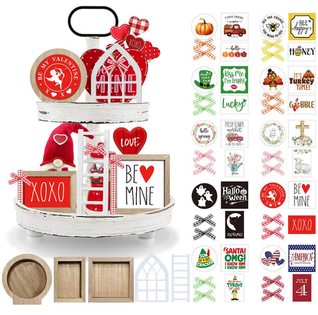 Nuvagiki Valentine's Day Tiered Tray Decor, Valentine's Day Decorations for Home Indoor, Interchangeable Year Round Seasonal Decorations Wooden Frames + Mini Arch + Ladder Set, No Tray, Turkey Decor nuvagiki