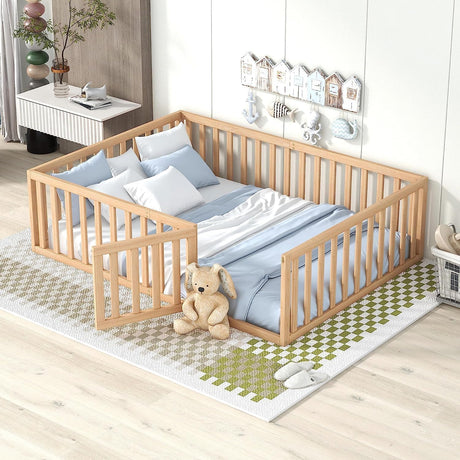 Harper & Bright Designs Natural Full Size Montessori Floor Bed with Safety Guardrails and Door Harper & Bright Designs