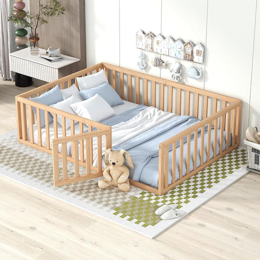 Harper & Bright Designs Natural Full Size Montessori Floor Bed with Safety Guardrails and Door - WoodArtSupply