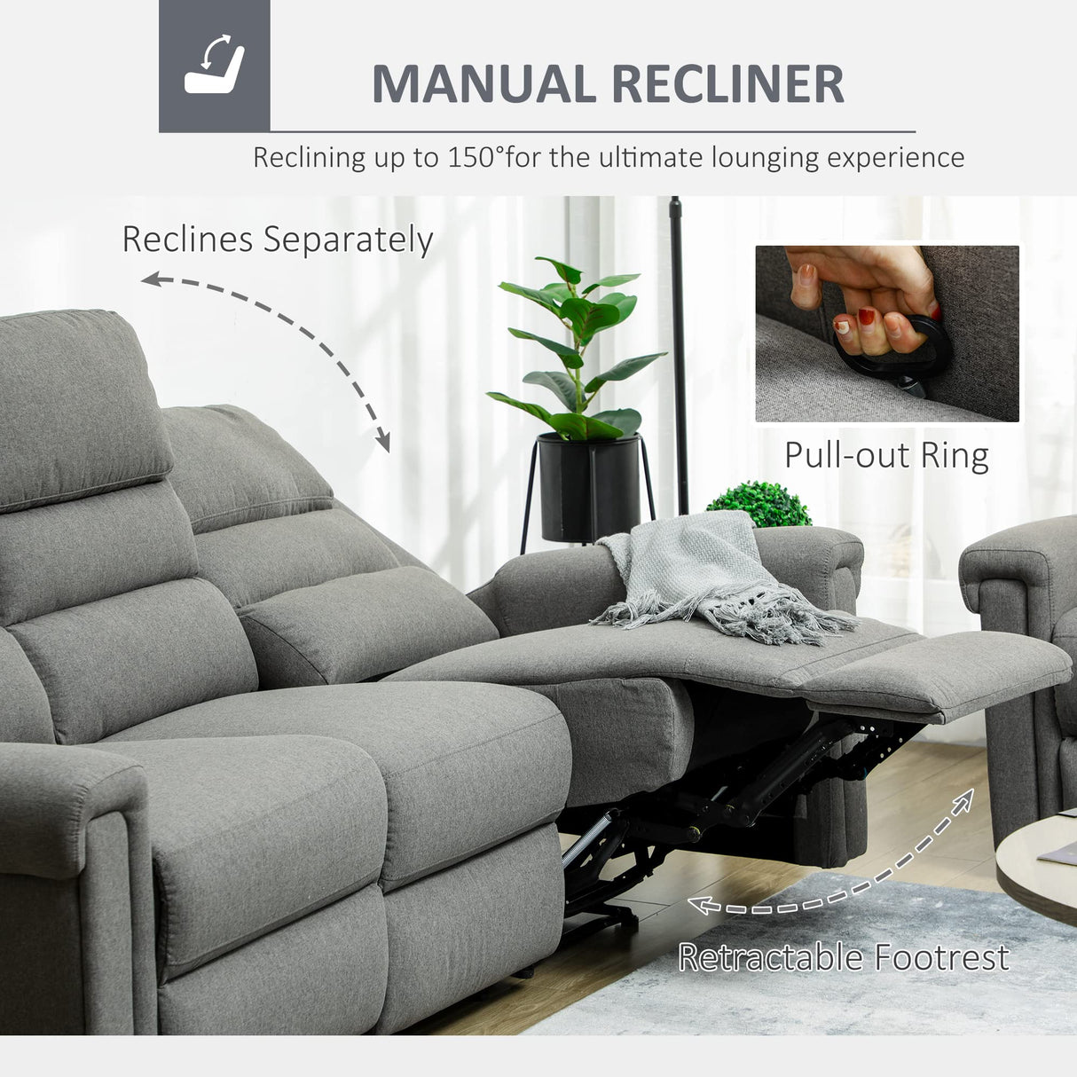 HOMCOM 3 Seater Recliner Sofa with Manual Pull Tab, Fabric Reclining Sofa, RV Couch, Home Seating, Gray HOMCOM