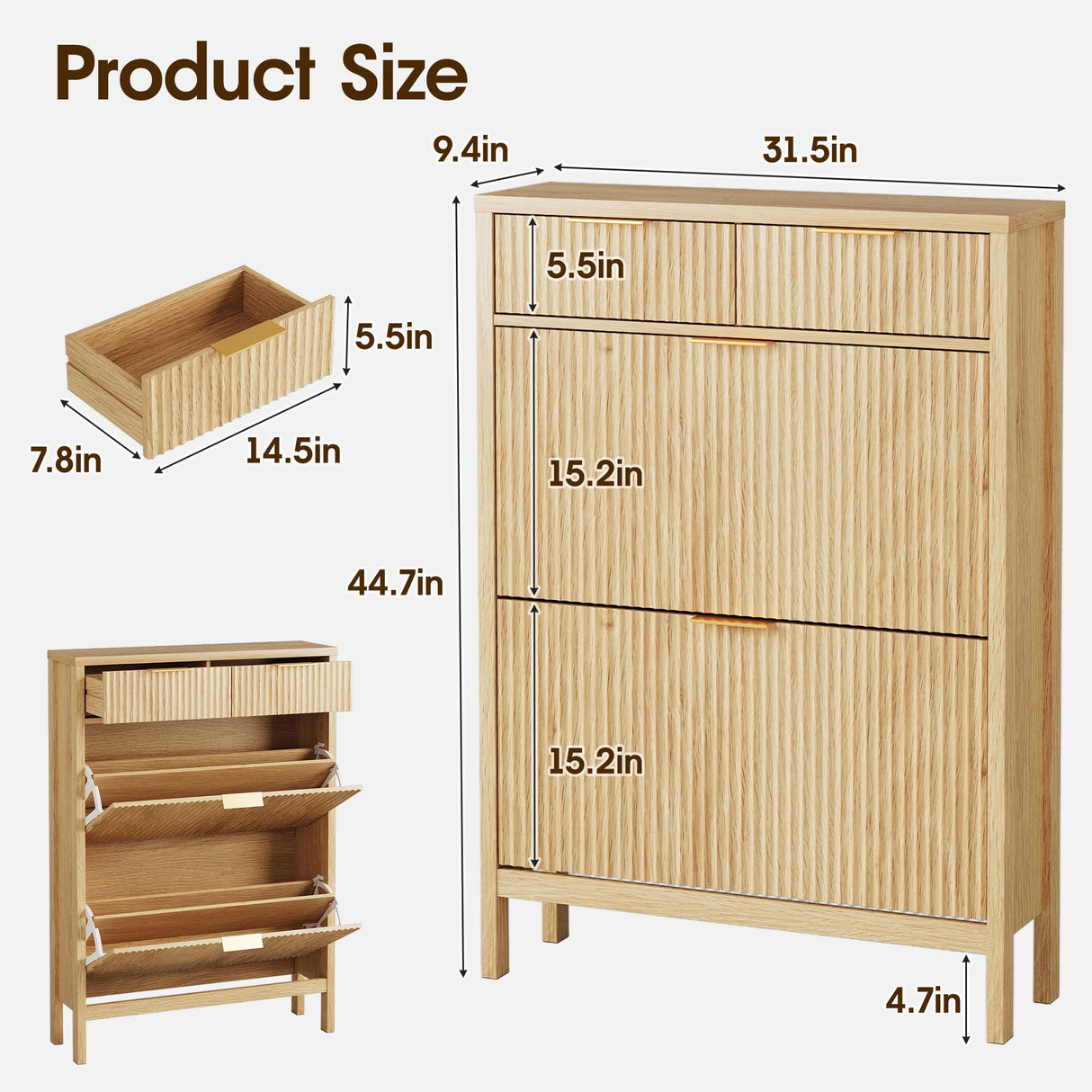 Shoe Storage Cabinet with 2 Flip Drawers,Freestanding Narrow Organizer with Wavy Wood Grain Design Shoe Rack with Adjustable Shelf for Entryway,Hallway,Living Room,Front Door Entrance,Oak Natural Maupvit