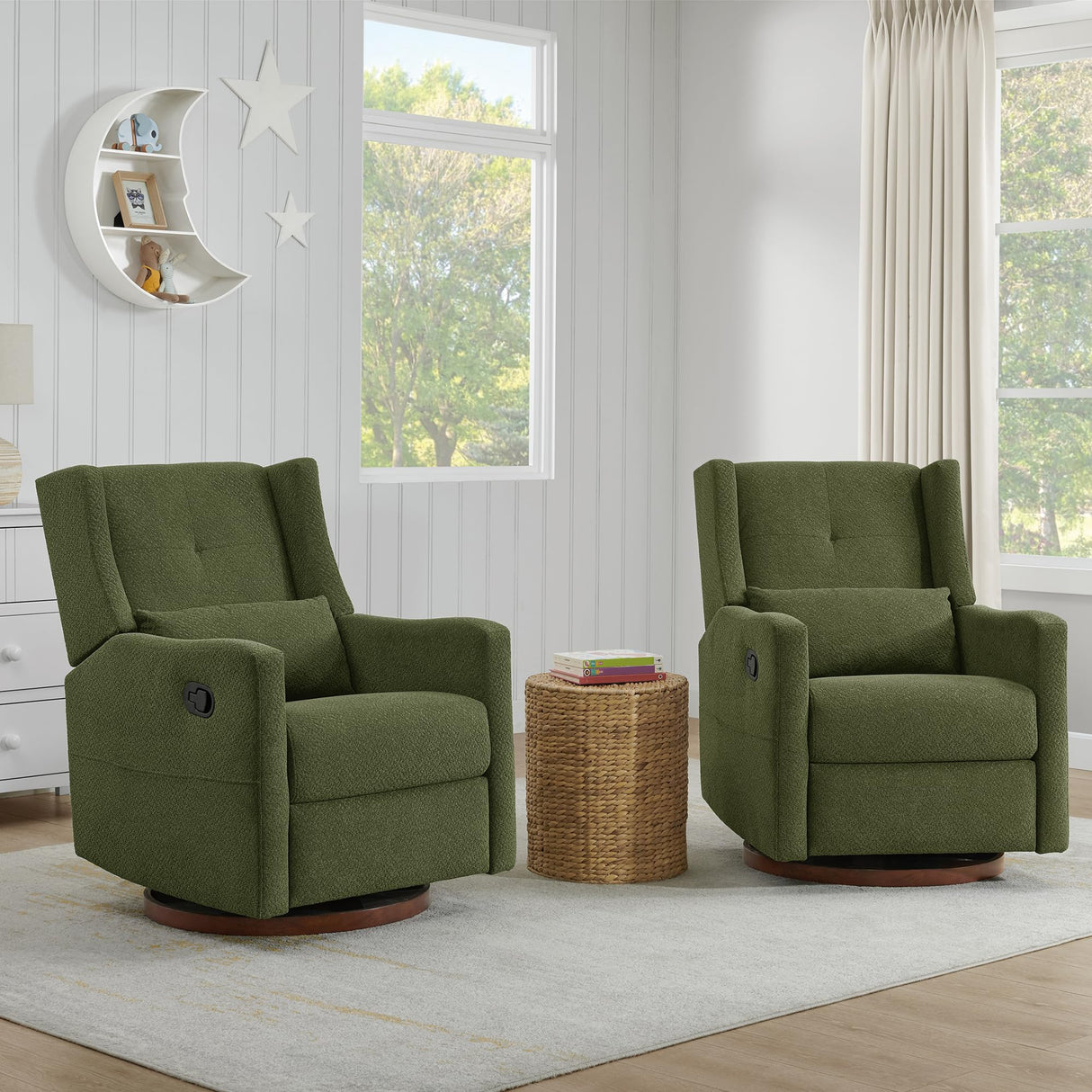 KISLOT Upholstered Recliner Swivel Glider Nursery Chair Reclining Performance Fabric Rocker with Wood Base,Boucle,Moss Green KISLOT