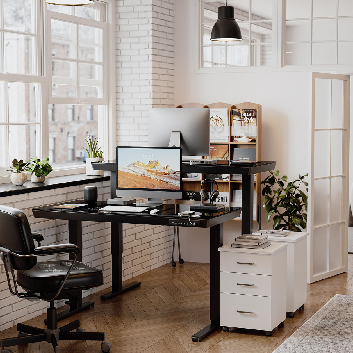 BANTI Electric Standing Desk with Drawers, 48 inch Whole-Piece Glass Desktop, Height Adjustable Stand up Sit Stand Home Office Ergonomic Workstation, Black Tabletop BANTI