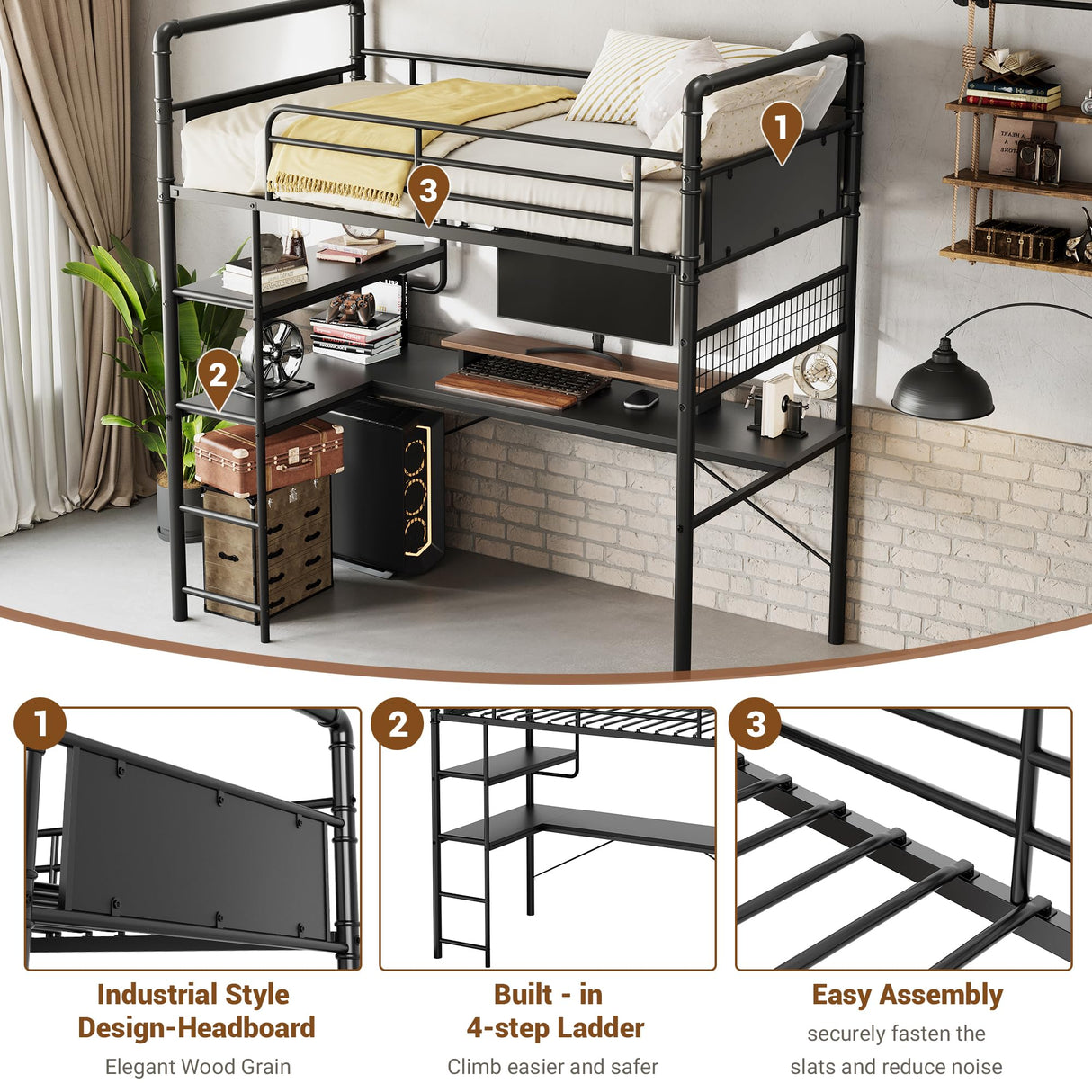 GarveeHome Loft Bunk Bed with L-Shaped Desk,Twin Loft Bed with Desk Underneath,Metal Bunk Beds with High Guardrail and Ladder for Kids/Teens/Adults,Easy Assembly, Vintage Black GarveeHome
