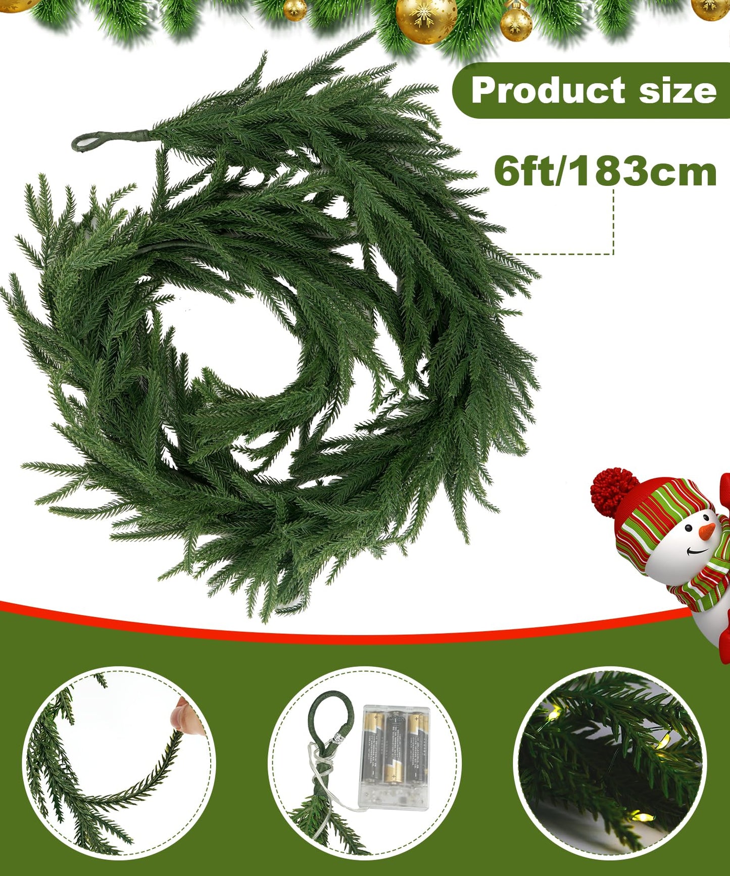 bedee Christmas Garland, 6 ft Norfolk Pine Garland with Light, Real Touch Artificial Plants for Indoor Christmas Decorations (1 Pack)