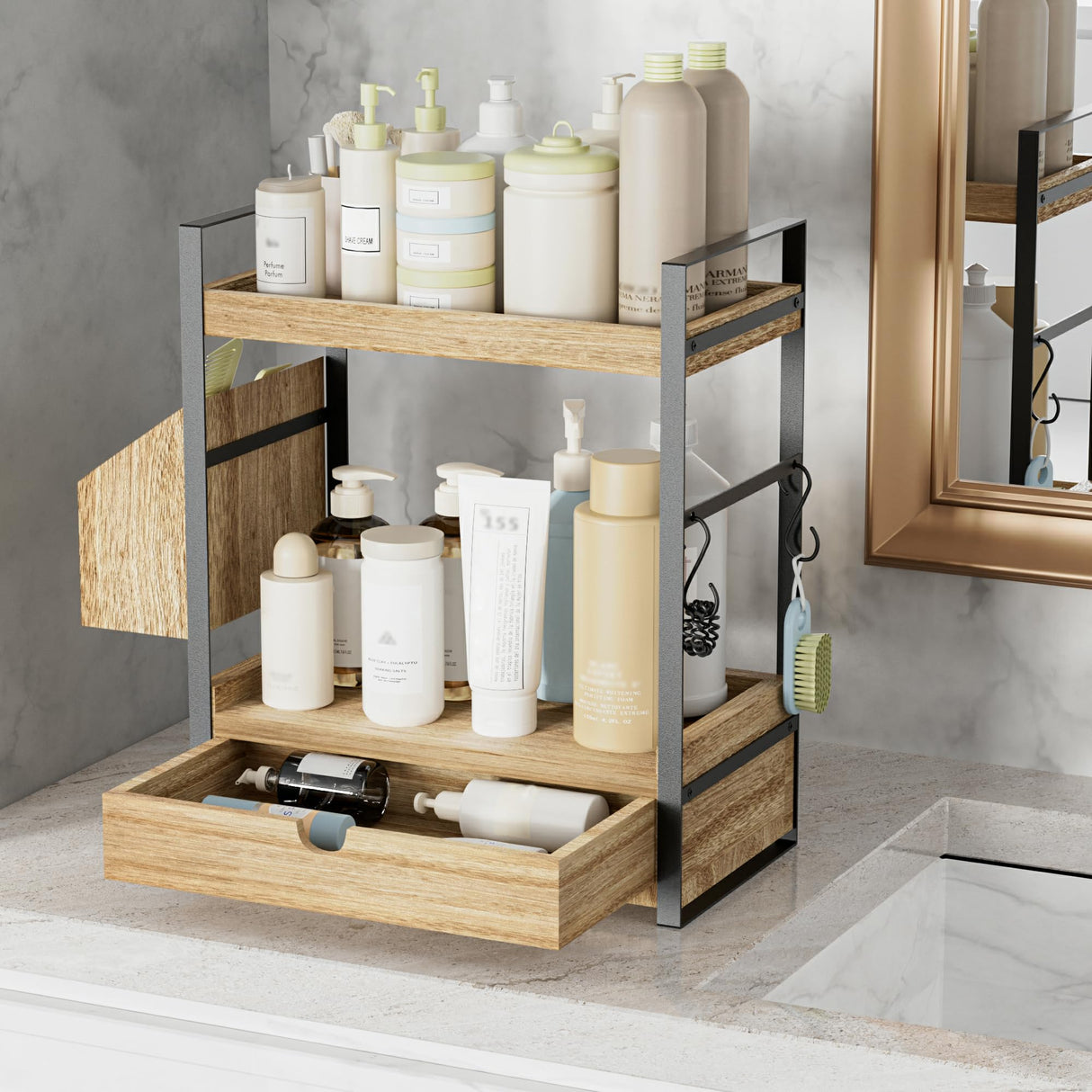 Aollewoiti 2-Tier Bathroom Counter Organizer with Drawer and Basket, Wood Countertop Organizer for Storage, Skincare Organizers for Vanity, Counter Shelf for Bathroom Organization Aollewoiti