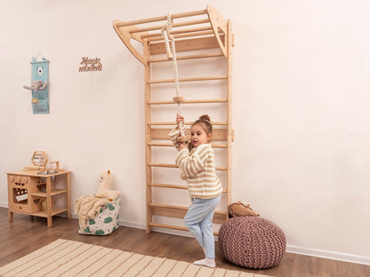 Woodandhearts Swedish Ladder Gym, Swedish Ladder Wall, Indoor Playground and Monkey Bars with Climbing Rope with Wooden Spheres in Natural Wood Color