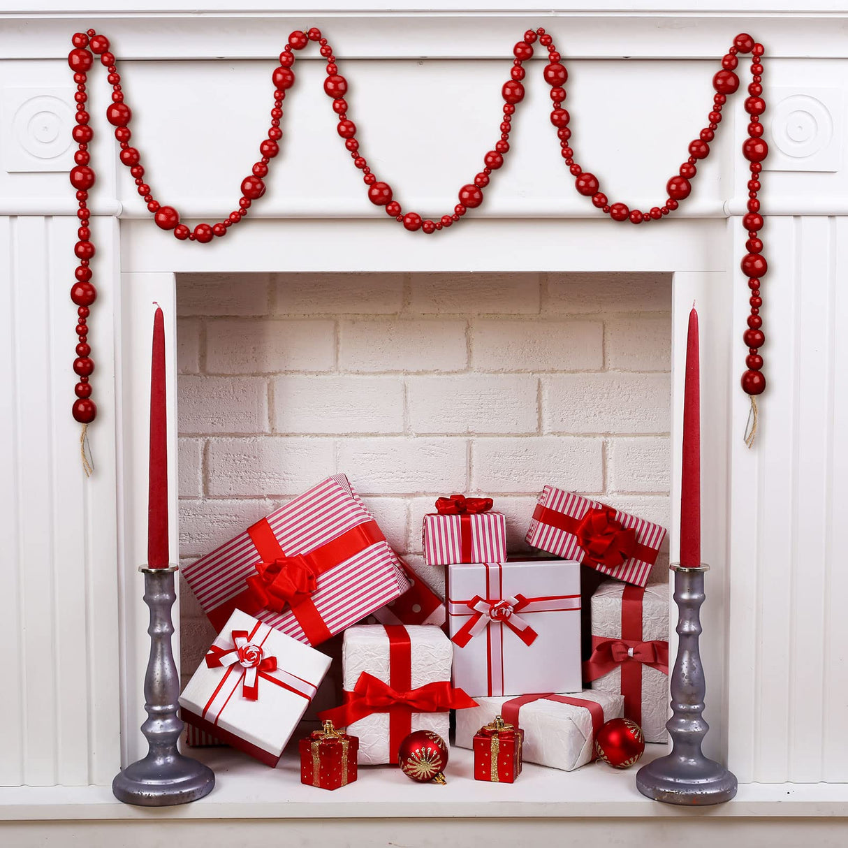 2 Pcs/ 16.4 Feet Christmas Wood Bead Garland Rustic Christmas Wooden Beads Decorative Christmas Tree Wood Beaded Garland Decor Farmhouse Boho Ornaments for Christmas Decoration Supplies (Dark Red) Yinder