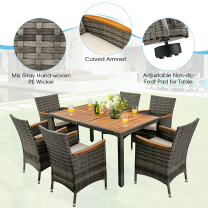 Toolsempire 7 Pieces Patio Dining Set Outdoor Dining Set, Wicker Patio Furniture Set with Acacia Wood Table and Chairs, Garden Dining Table Set for Backyard, Desk, Poolside, (Grey)