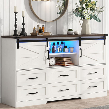 63" Farmhouse Dresser w/6 Drawers,60000-color Led Lights,Outlet, Large Chest of Drawers w/Sliding Barn Doors,Adjust Shelves,White Dresser TV Stand for 65/70in TV for Bedroom, Living Room chartustriable