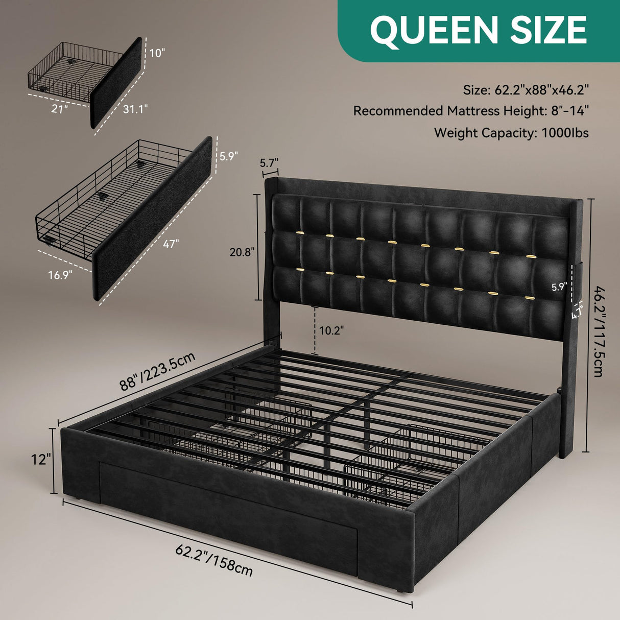 YITAHOME Queen Size Bed Frame with 3 Storage Drawers and RGB LED Lights, Velvet Upholstered Bed with Charging Station and Storage Headboard, No Box Spring Needed, Easy Assembly, Noise-Free, Black YITAHOME