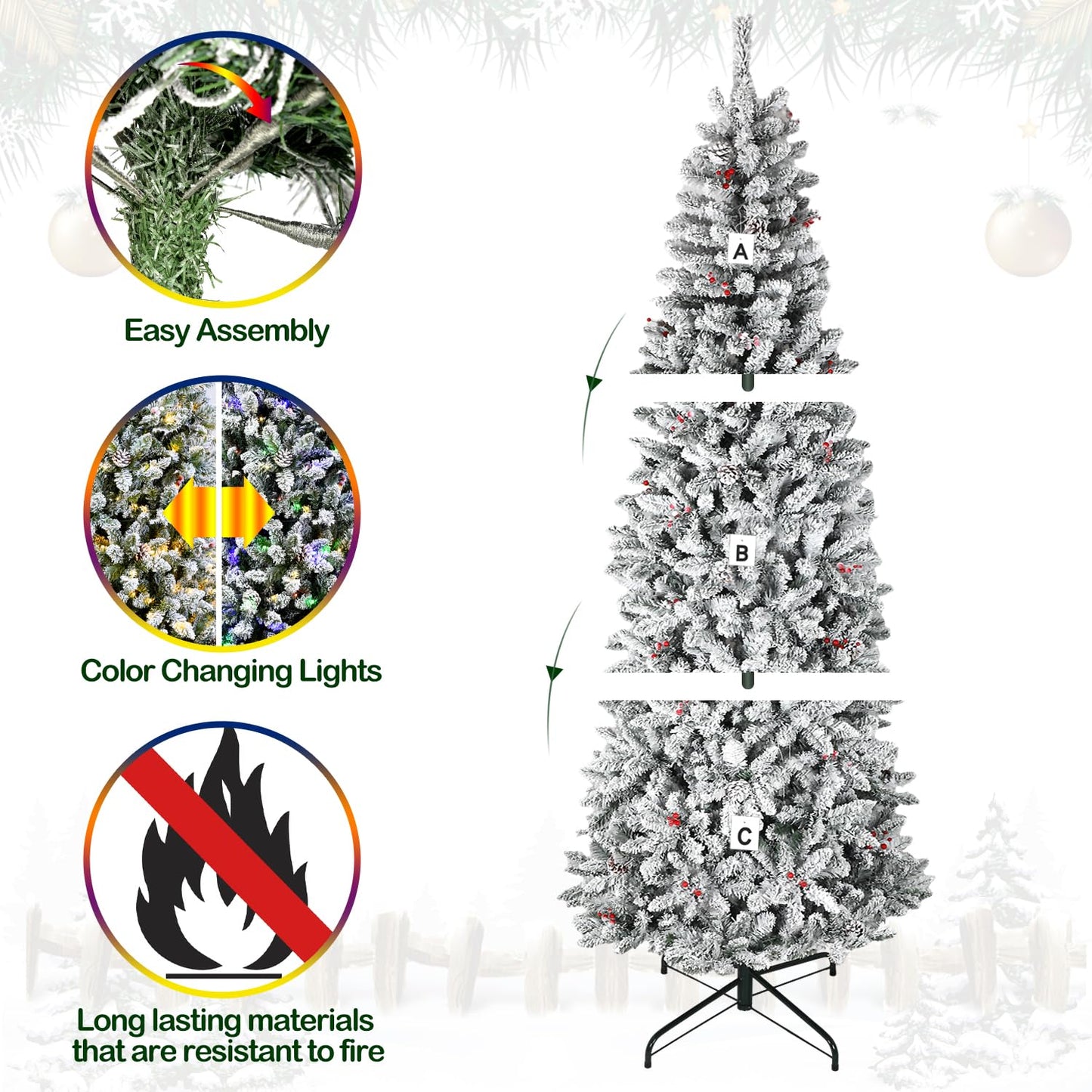 Hykolity 6.5 ft Prelit Snow Flocked Pencil Slim Christmas Tree, 544 PVC Branch Tips, 200 Color Changing LED Lights, Metal Stand and Hinged Branches, 10 Color Modes