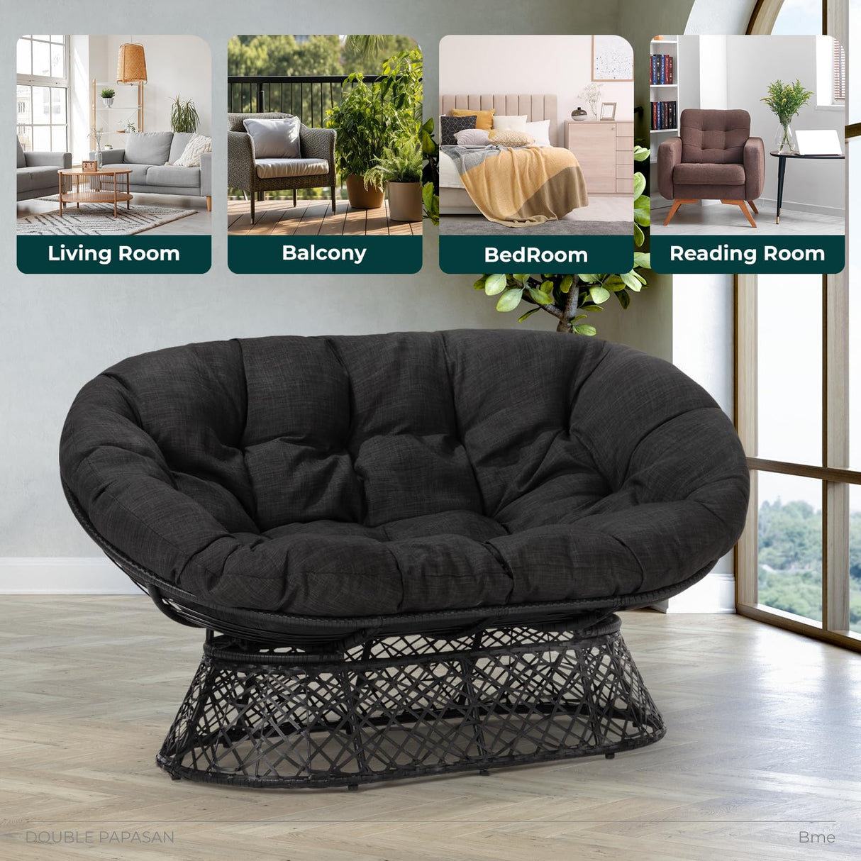 Bme Double Papasan Chair, 600lbs Capacity, Ergonomic Design, Soft Thick Fabric Cushion, Bee-Designed Frame, Durable Steel, 60", Black - Black Base Bme