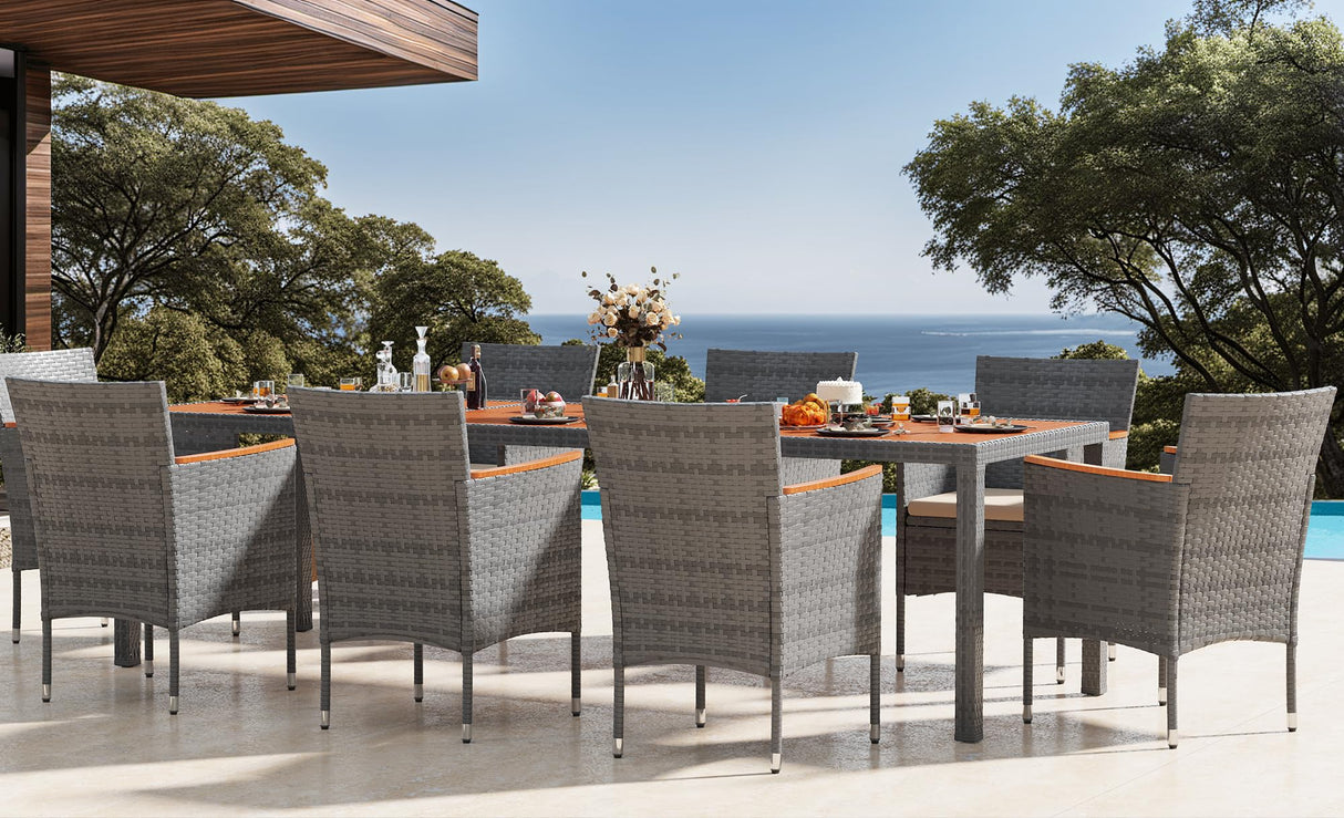 Devoko Outdoor Patio Dining Sets 9 Pieces Wicker Outdoor Dining Table and Chairs Set with Acacia Wood Table Top and Widened Armrests for Backyard, Garden, Deck (Grey) Devoko