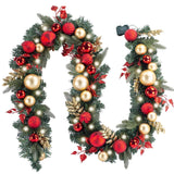WANNA-CUL Pre-lit 9Feet /108 Inch Christmas Garland with Lights for Front Door, Red Gold Ligthed Christmas Mantel Garland Decoration with Ball Ornaments, Battery Operated 50 LED WANNA-CUL