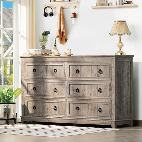 Joaxswe Farmhouse 6 Drawers Dresser for Bedroom, 54 Inch Wide Wood Dresser Chest of Drawers, Vintage Design TV Stand, Rustic Storage Dressers Organizer for Bedroom, Living Room, Hallway-Oak Joaxswe