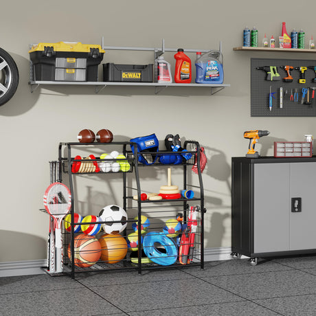 LUMAMU Garage Organizer - Sports Equipment Organizer Rack, Ball Storage Rack, Garage Organizer System for Sports Gear and Toys, Indoor/Outdoor Ball and Toy Storage, Black LUMAMU
