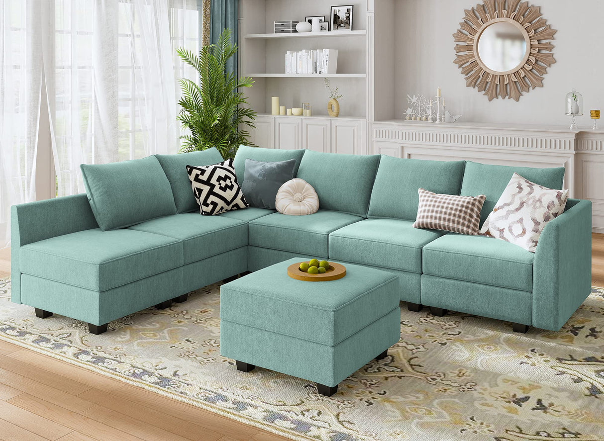 HONBAY Modular Sectional Sofa with Storage Ottoman Fabric Modular Couch with Reversible Chaise 6-Seater L Shape Corner Sofa Sectional Couch, Aqua Blue HONBAY
