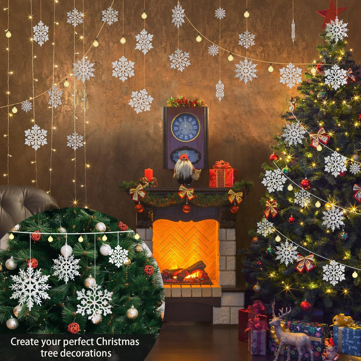 36pcs Snowflakes-Christmas Tree Decorations, Snowflake Ornaments for Tree, Plastic Glitter White Snow Flakes Ornaments, Christmas Indoor Winter Wonderland Decor kockuu