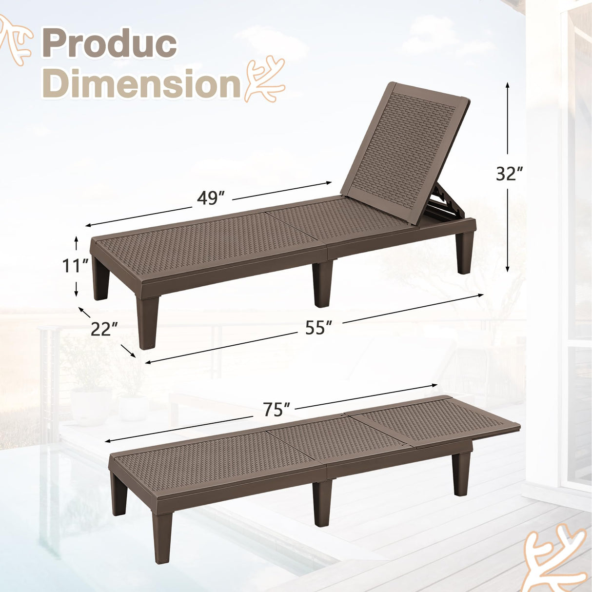 Homall Outdoor Lounge Chairs Set of 2, Quick Assembly & Waterproof Patio Chaise Lounge with Adjustable Backrest for Poolside, Beach, Garden (Deep Brown) Homall