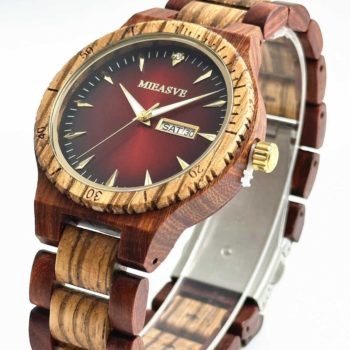 MIEASVE Handmade Wood Watches for Men Red Dial Lightweight Analog Quartz Wooden Watch Adjusted Band MIEASVE