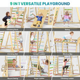 Upgraded Indoor Playground 9-in-1 Jungle Gym Kids Climbing Toys, Montessori Philosophy Waldorf Style Wooden Climber Playset with Slide, Swing, Monkey Bars, Upright/Rope Ladder, Climb Net, Rainbow BlueWood