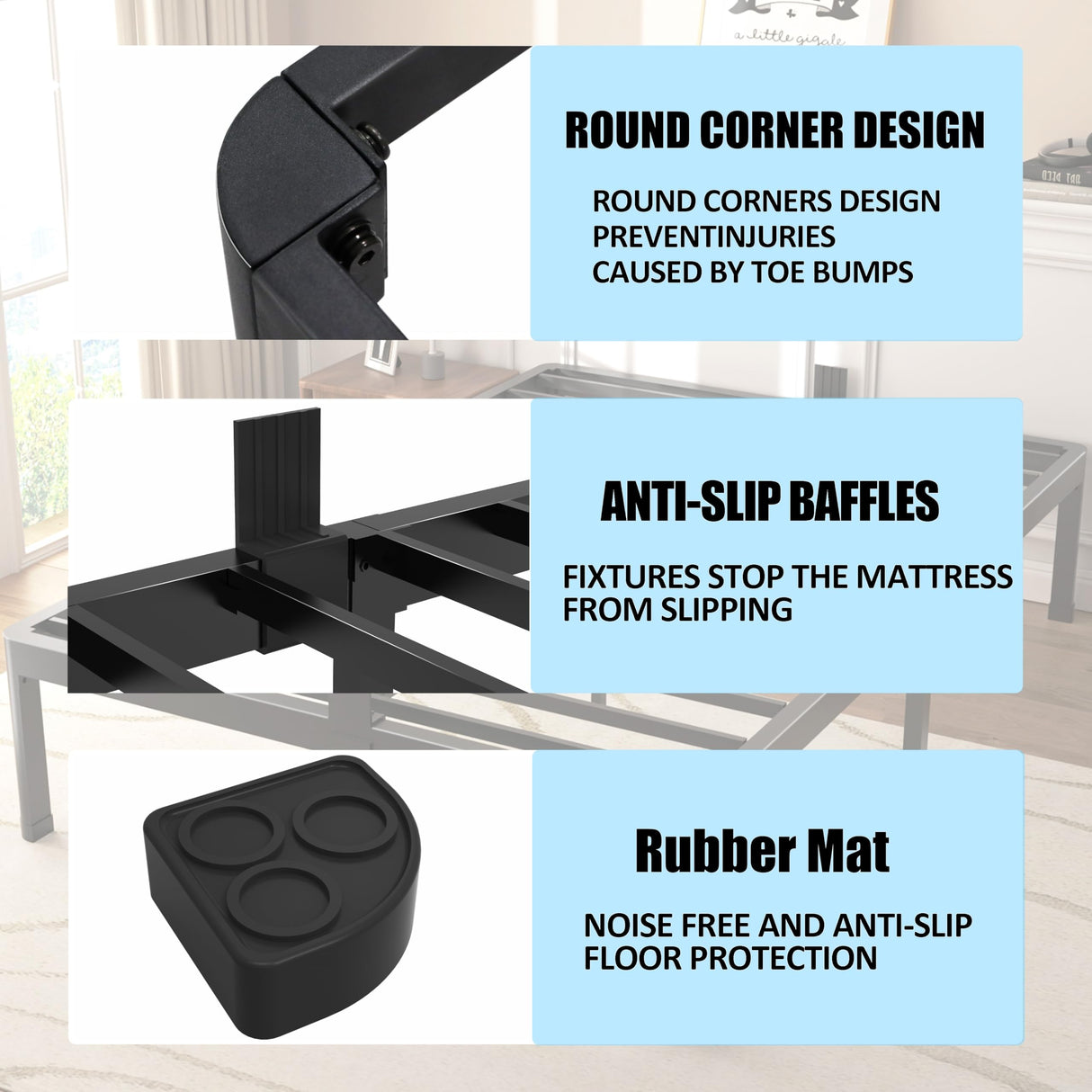 FUIOBYVV Queen Bed Frame with Round Corner Edge Legs 18 inch High 3500 lbs Heavy Duty Metal Platform Bed Frame Queen Size No Box Spring Needed/Non-Slip/Steel Slat Support/Noise Free FUIOBYVV