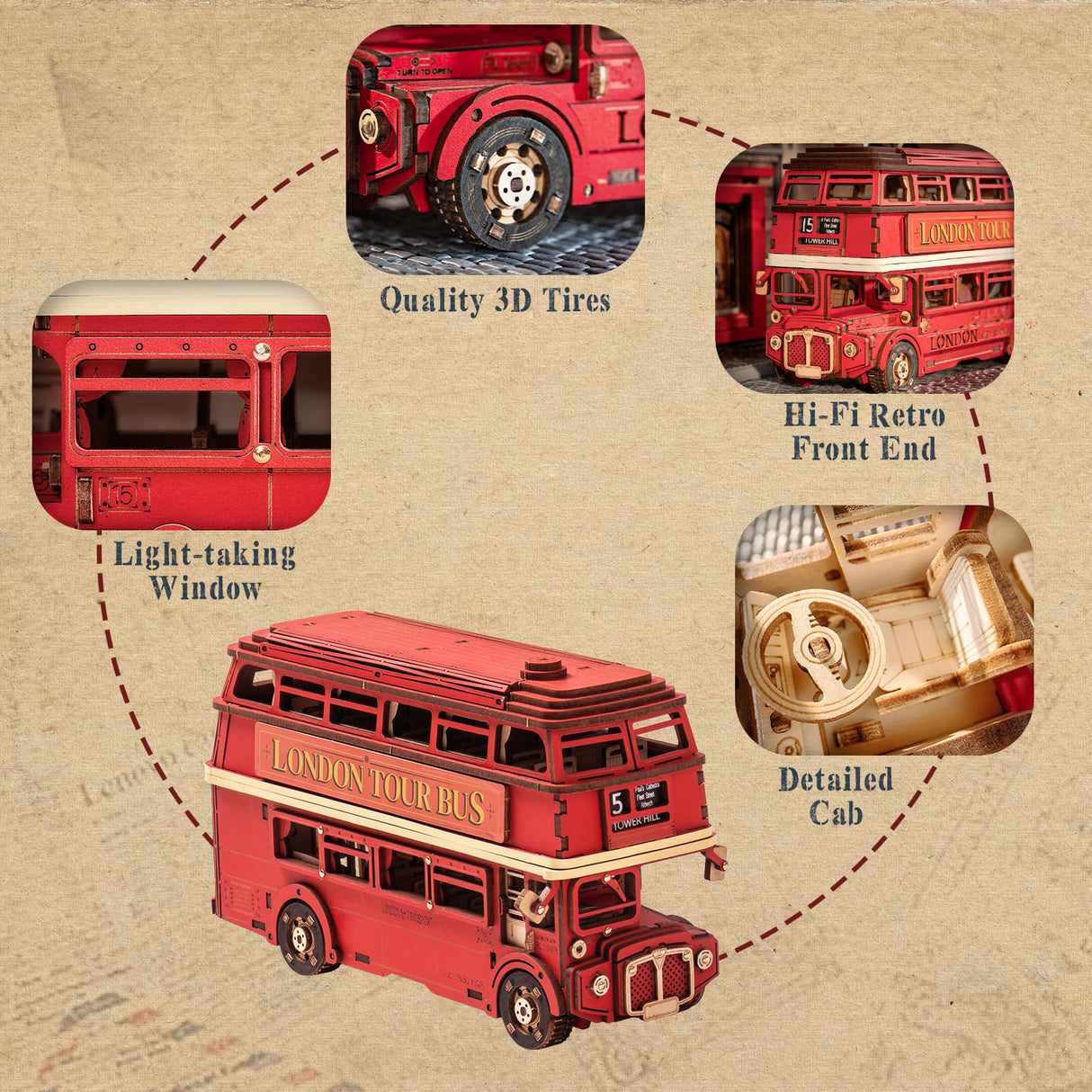 ROBOTIME 3D Puzzles for Adults Wooden Craft London Tour Bus DIY Model Kit to Build Educational Brain Teaser Toy for Kids Craft Decor Gift ROBOTIME