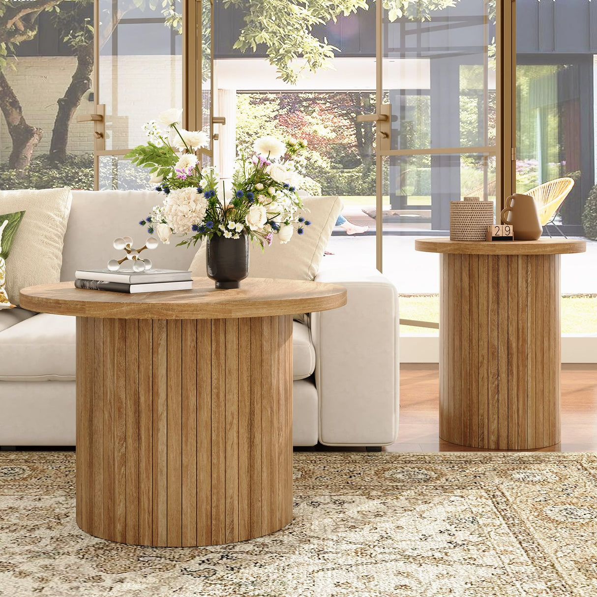 LUXOAK Nesting Coffee Table Set of 2, Mid Century Modern Round Coffee Table, Wood Slat Side Table Set for Living Room, Office, Balcony, Natural Finish LUXOAK