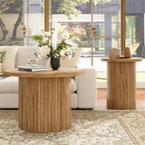 LUXOAK Nesting Coffee Table Set of 2, Mid Century Modern Round Coffee Table, Wood Slat Side Table Set for Living Room, Office, Balcony, Natural Finish LUXOAK