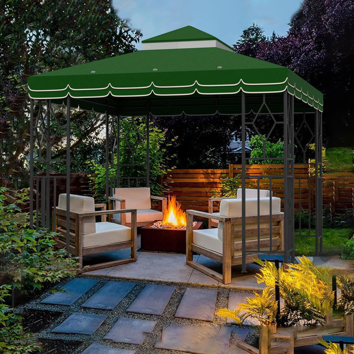 Morikoro 10x10 Canopy Replacement Top Canopy Cover Replacement 10x10 FT Double Tiered Gazebo Covers for Yard Patio Garden Canopy Sunshade (Green with lace) Morikoro