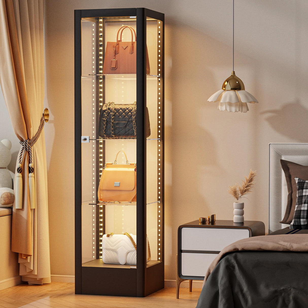 Desirable Life Glass Display Cabinet with 13-Color Light, 63" 4-Tier Curio Cabinet with Glass Door & Lock, Lighted Display Case with Adjustable Shelves for Collectibles Figures Trophy (Black) Desirable Life