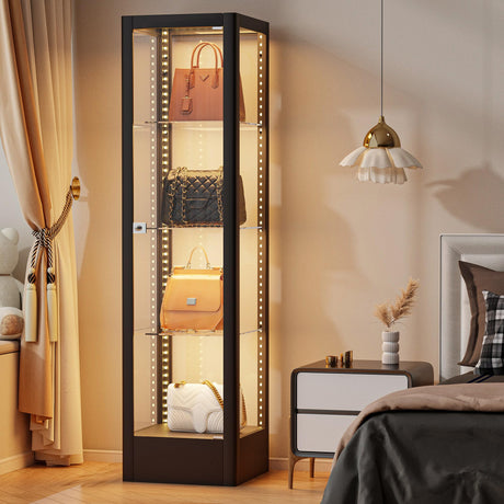 Desirable Life Glass Display Cabinet with 13-Color Light, 63" 4-Tier Curio Cabinet with Glass Door & Lock, Lighted Display Case with Adjustable Shelves for Collectibles Figures Trophy (Black) Desirable Life