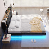 DICTAC California King Floating LED Bed Frame with Storage Headboard and Charging Station in Black and Rustic Finish DICTAC