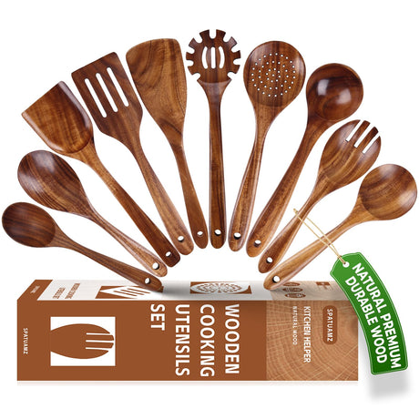 SPATUAMZ Teak Wood Spoons for Cooking, Elegant Wooden Cooking Set of 10, Excellent Kitchen Cooking Utensils Set for Home SPATUAMZ