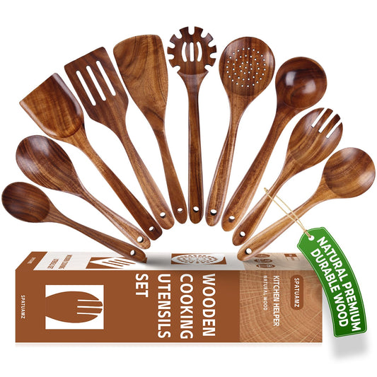 SPATUAMZ Teak Wood Spoons for Cooking, Elegant Wooden Cooking Set of 10, Excellent Kitchen Cooking Utensils Set for Home