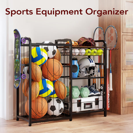 Homsorout Garage Sports Equipment Organizer, Ball Storage for Gear and Toys, Large Capacity, Sports Organizer for Garage with Hooks and Baskets, for golf, Football, Soccer Ball, Bat Homsorout