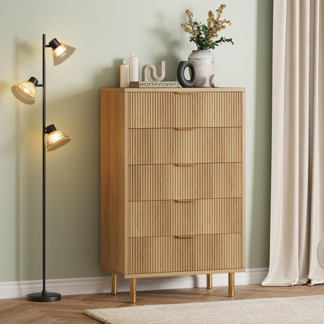 IDEALHOUSE Natural 5 Drawer Dresser for Bedroom, 48” Tall Dresser Organizer, Wood Dresser with Metal Legs, Modern Chest of Drawers, Large Dresser for Closet, Living Room, Hallway IDEALHOUSE