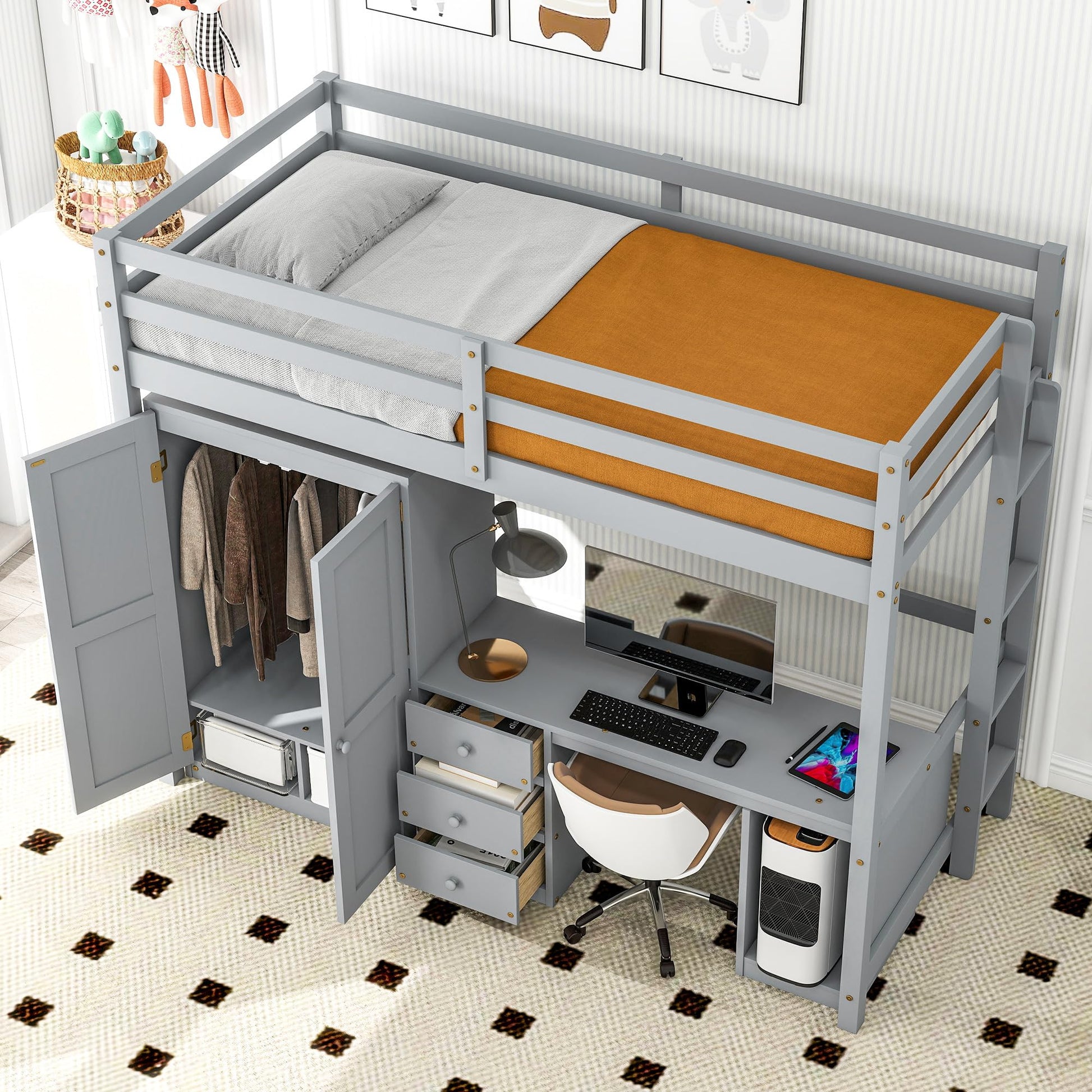 Wood Twin Loft Bed with Desk, Wardrobe, and Storage Drawers in Gray - WoodArtSupply