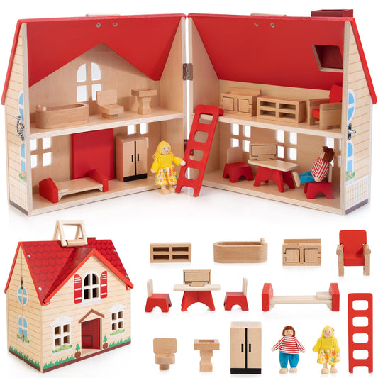 WOODMAM Fold and Go Wooden Dollhouse with 13pcs Furniture, 4 Rooms and 2 Flexible Dolls, DIY Pretend Dream House with Portable Handle, Birthday Gift for Kids 3 4 5 6 Years Old