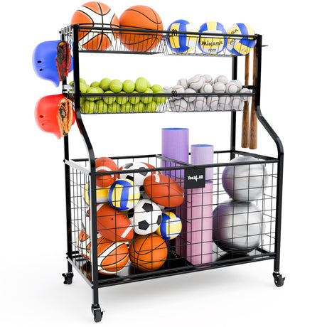 Yes4All Sports Equipment Garage Organizer, Garage Ball Storage, Ball Cart, Ball Rack, Garage Organizer for Garage with Basket and Hooks, Rolling Sports Ball Storage Cart for Indoor/Outdoor Use, Steel Yes4All