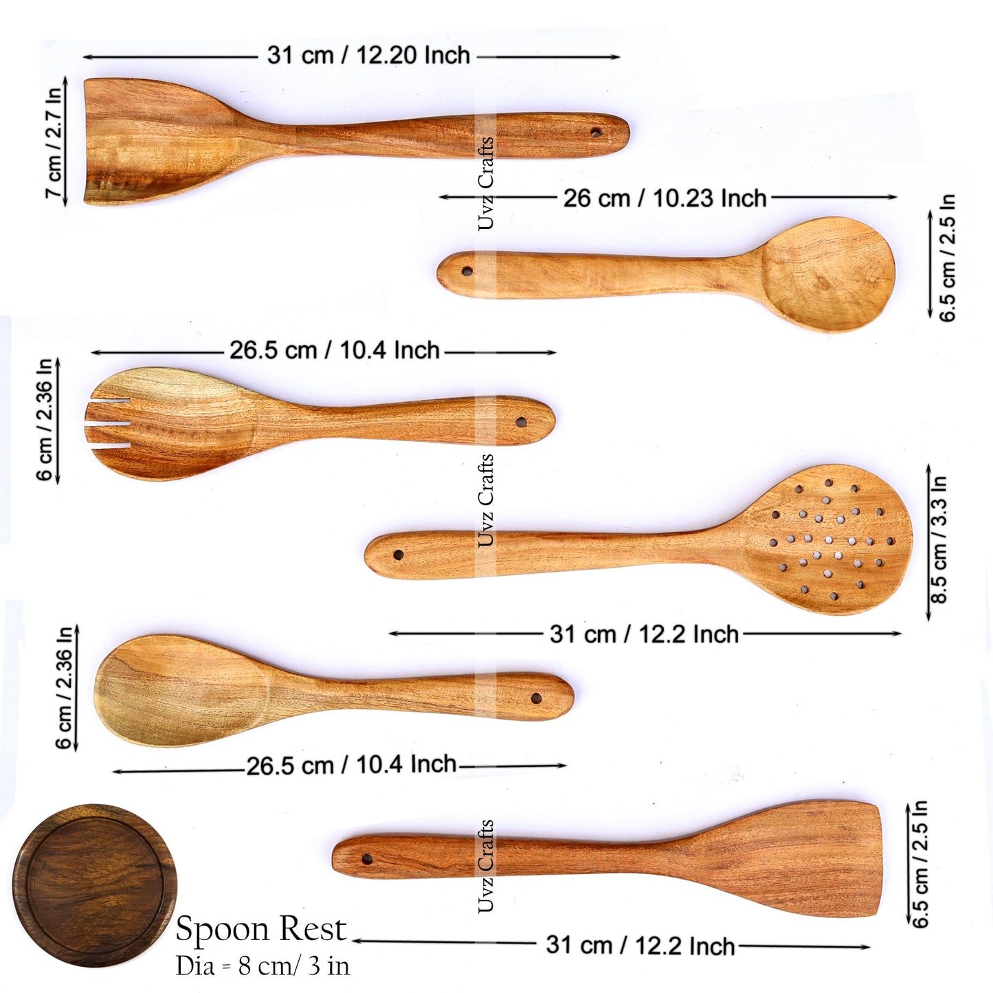 Uvz Crafts 6-Piece Wooden Spoons for Cooking - Smooth Finish Neem Wooden Utensils for Cooking - Soft Comfort-Grip Wood Spoons for Cooking - Non-Stick Wooden Cooking Utensils - Wooden Spoon Sets