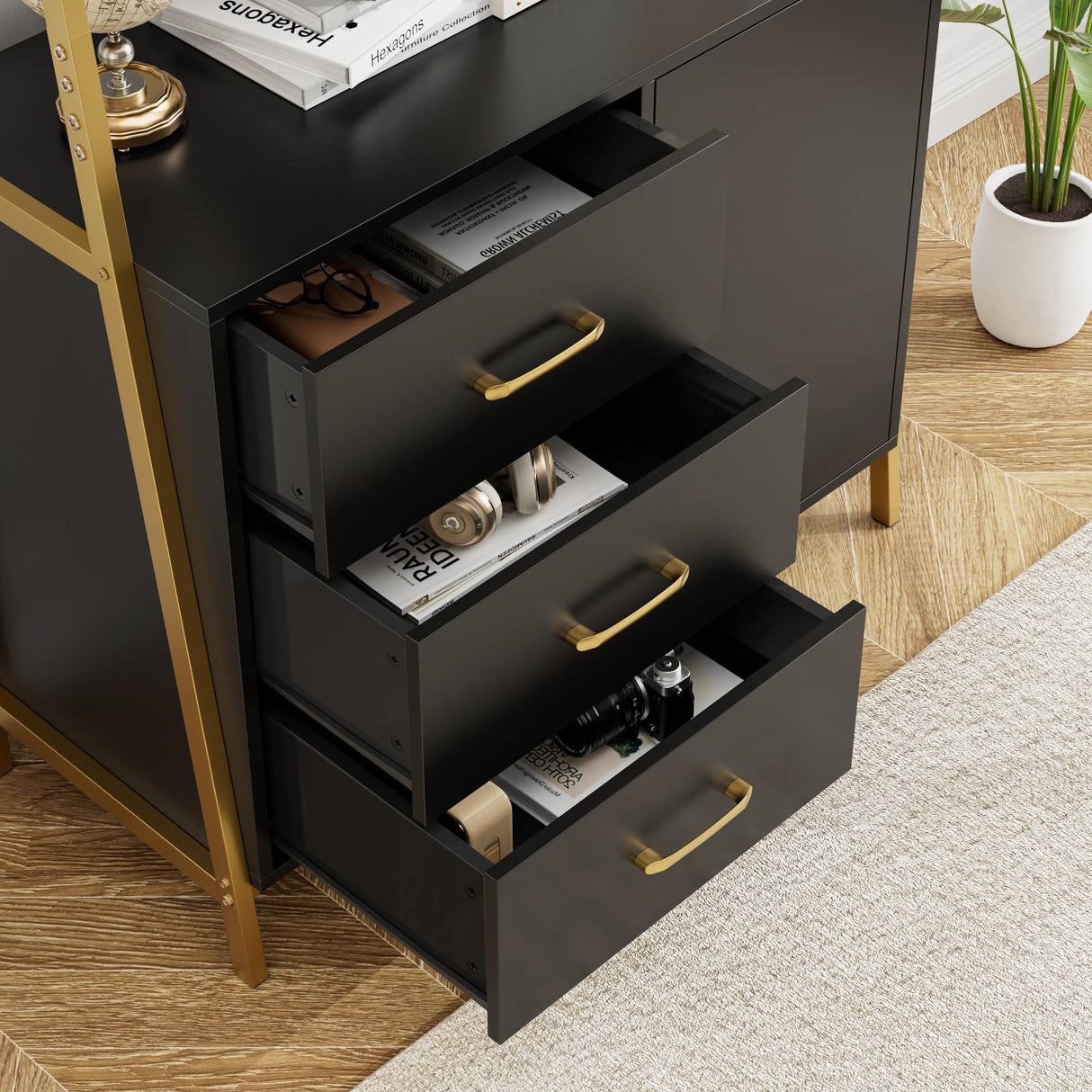 HITHOS 69" Tall Bookshelf, Modern 4-Tier Bookcase with Wooden Drawers and Ladder Shelves, Free Standing Storage Cabinet Kitchen Bakers Rack with Microwave Oven Stand for Home Office, Black Gold HITHOS