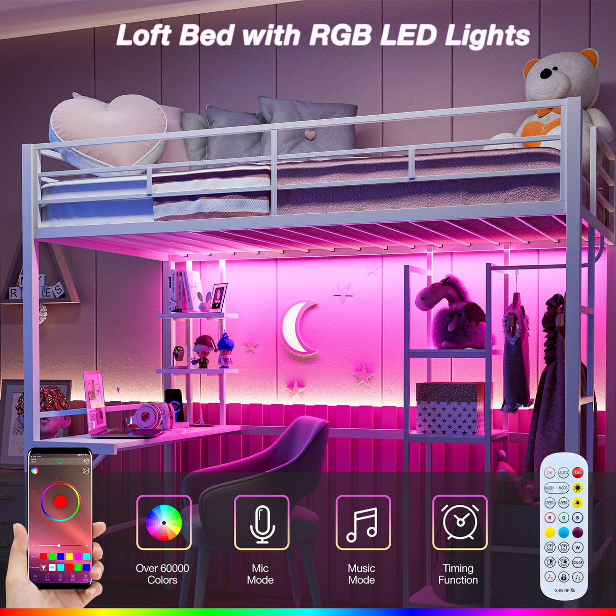 IKIFLY Metal Twin Loft Bed with Desk and Storage Shelves, LED Lights & Charging Station, Loft Bed Frame with 13.4” Guardrail and Ladder, Large Fabric Basket, Clothes Rail, No Box Spring Needed, White IKIFLY