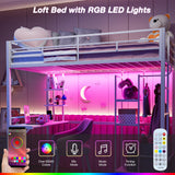 IKIFLY Metal Twin Loft Bed with Desk and Storage Shelves, LED Lights & Charging Station, Loft Bed Frame with 13.4” Guardrail and Ladder, Large Fabric Basket, Clothes Rail, No Box Spring Needed, White IKIFLY