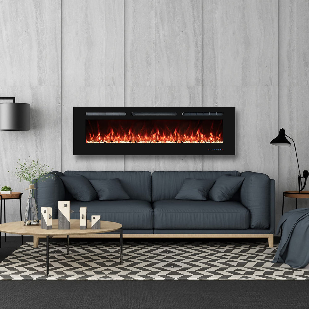 VINEMOUNT 60'' Electric Fireplaces Inserts, Recessed & Wall-Mounted Fireplace Heater with Thermostat, Multicolor Flames,Timer, Log & Crystal, 750/1500W, Black VINEMOUNT