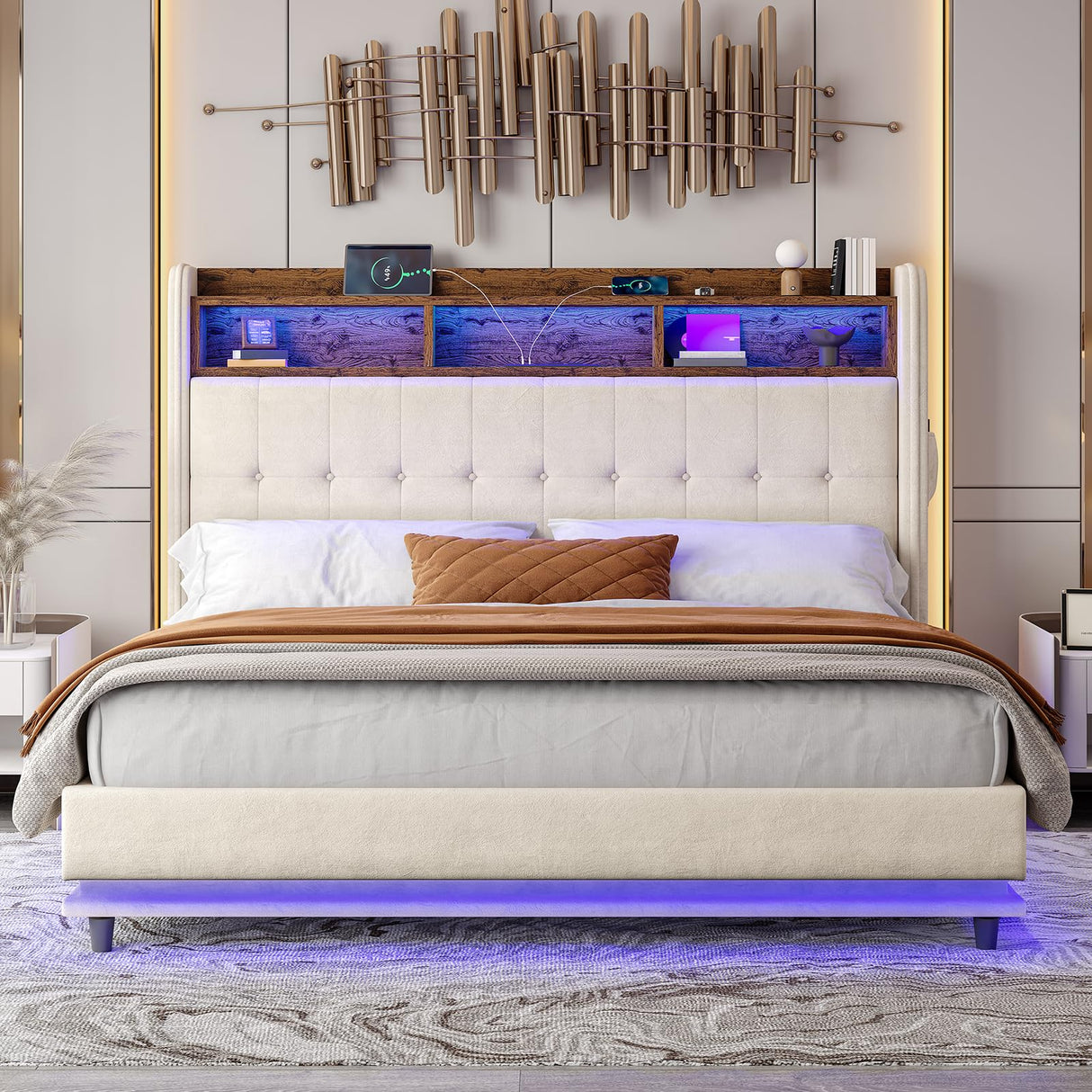 Jocisland Queen Size Bed Frame with Hydraulic Lift Up Storage, 53.1" H Built-in Bookcase & RGB LED Headboard, Velvet Upholstered Wingback Design, No Box Spring Needed, Cream Jocisland